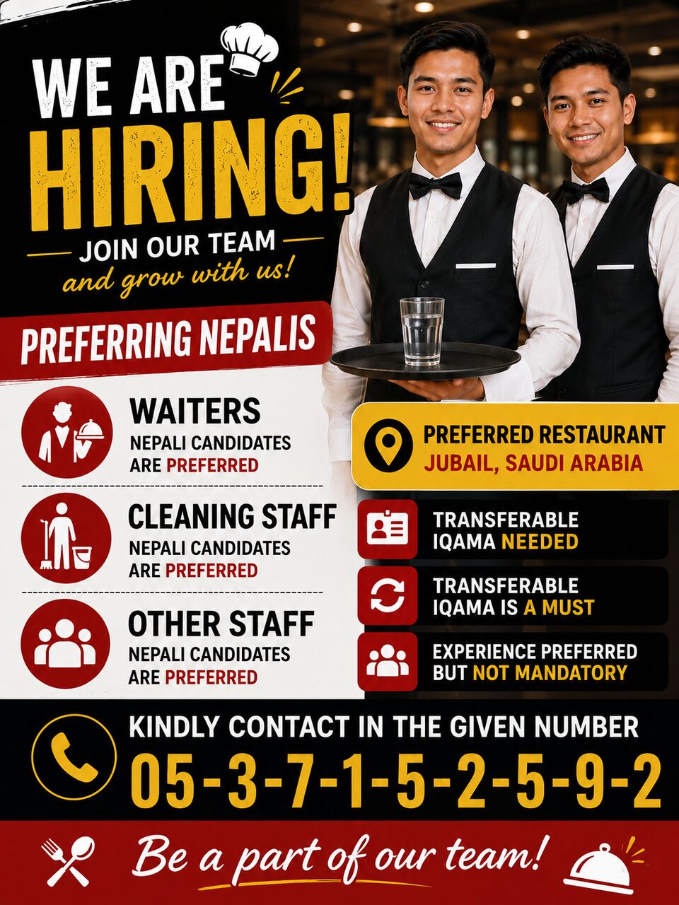 Jubail, Jobs, Staffs Needed For Restaurant