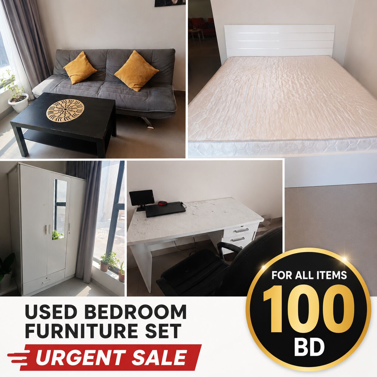Hidd, Furniture, BHD 100,  🚨 URGENT SALE – Used Bedroom Furniture Set 🚨