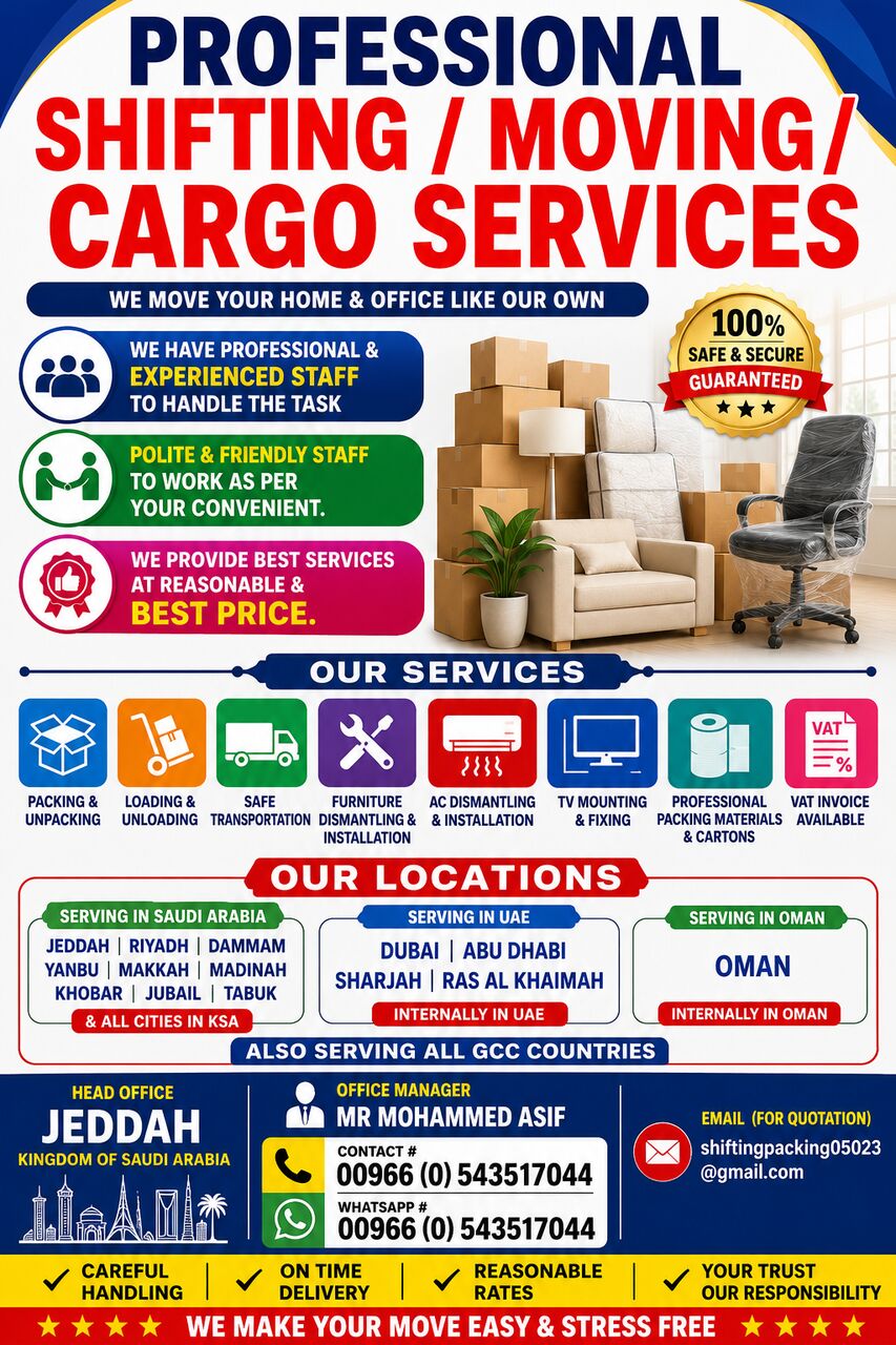 Jeddah, Labor/Moving, Pakistani House Shifting Apartment Office Villas Moving Service Movers Packers0543517044