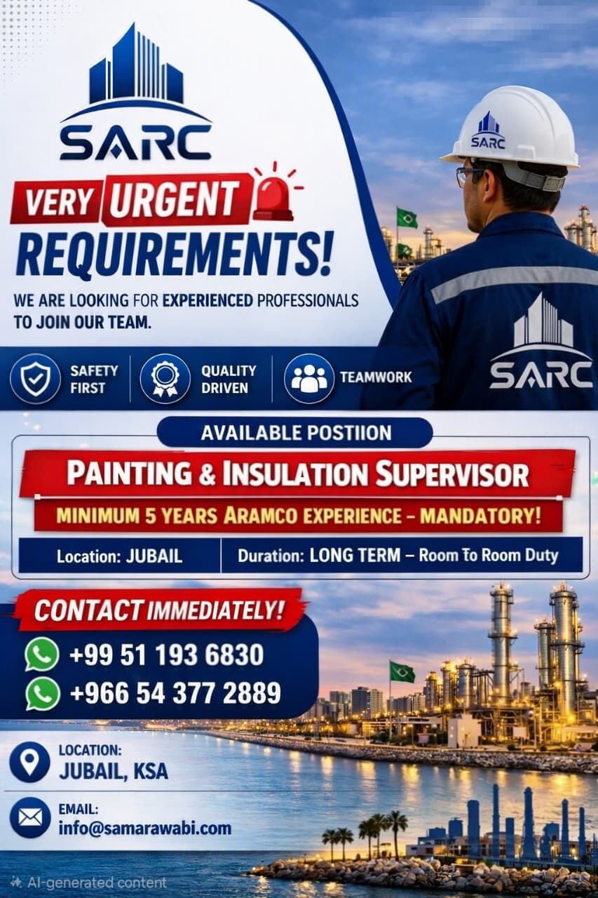 Jubail, Jobs, Painting &Insulation Supervisor (Aramco Experinced)