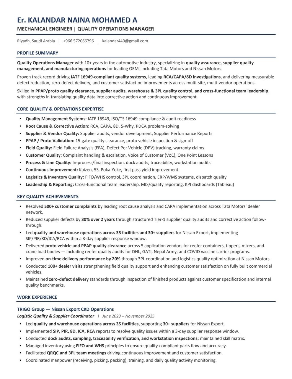 Riyadh, Job Seekers, Quality Operations Manager-Automobile Logistics Industry