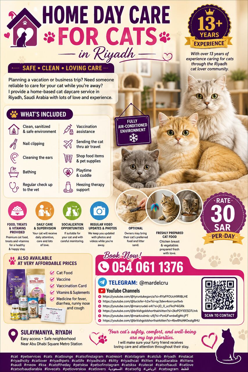 Riyadh, Pet Sitting, Home Day Care For Cats In Riyadh