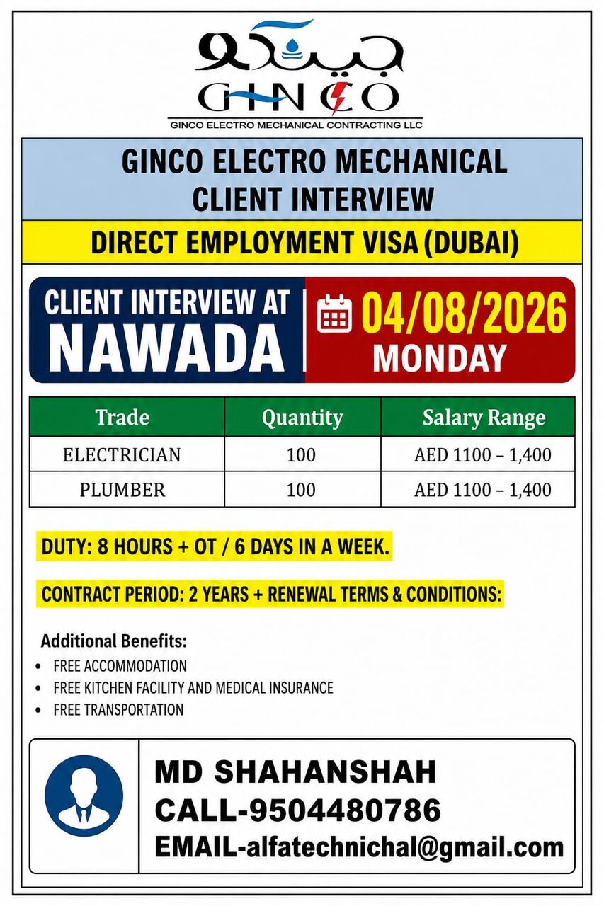 Mumbai, Jobs, Client Interview In Nawada Bihar On 4th August 2026 For GINCO Electro Mechanical Contracti