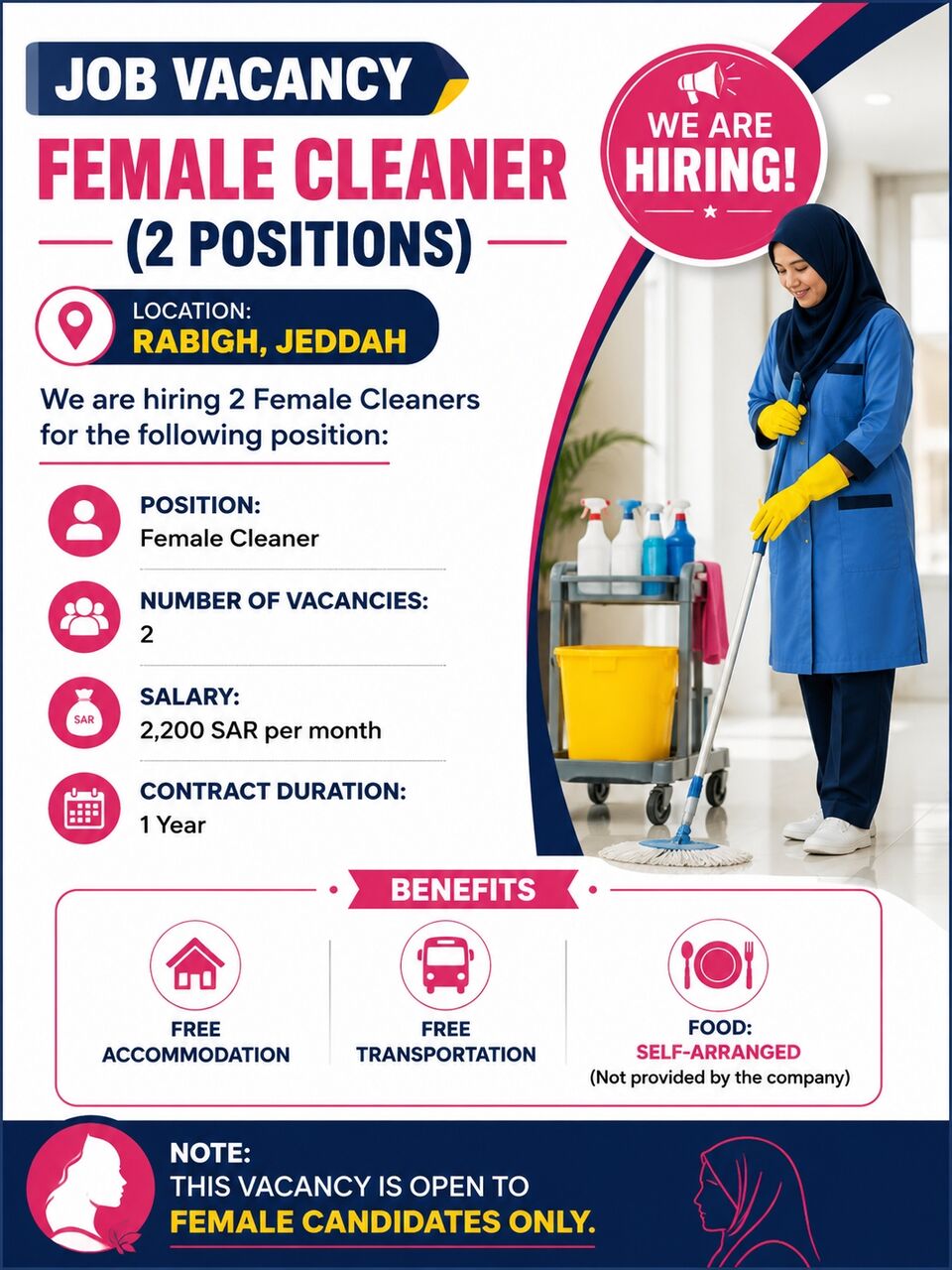 Rabigh, Jobs, 📢 Job Vacancy – Female Cleaners (2 Positions)