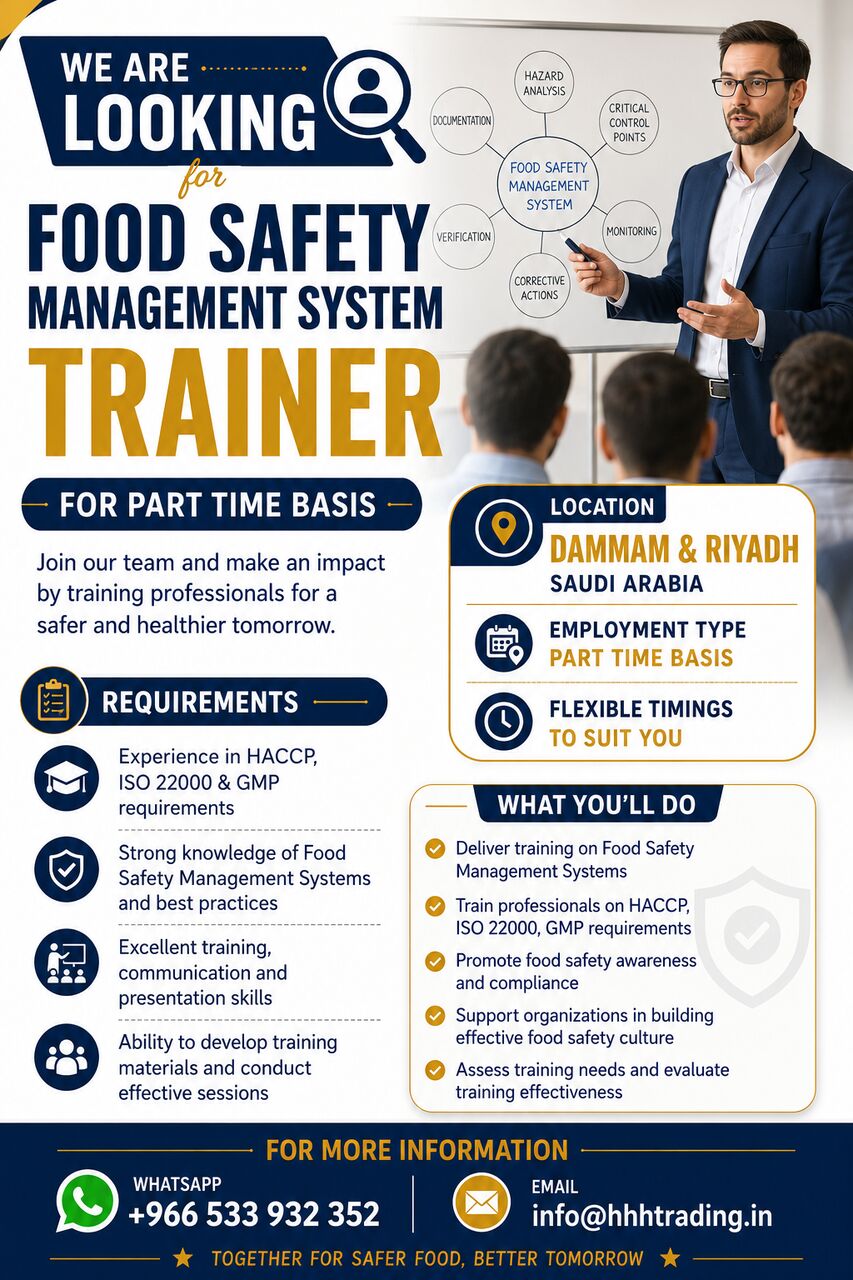 Dammam, Jobs, Hiring Food Safety Mgt System Trainer