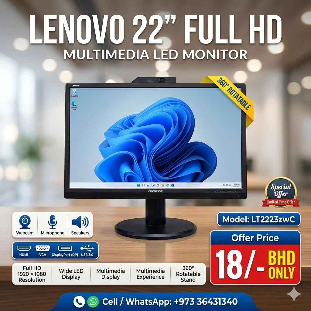 East Riffa, Computers, BHD 18,  Lenovo 22" Full HD Monitor Multimedia 360*Rotatable In-built Webcam, Speakers & Microphone
