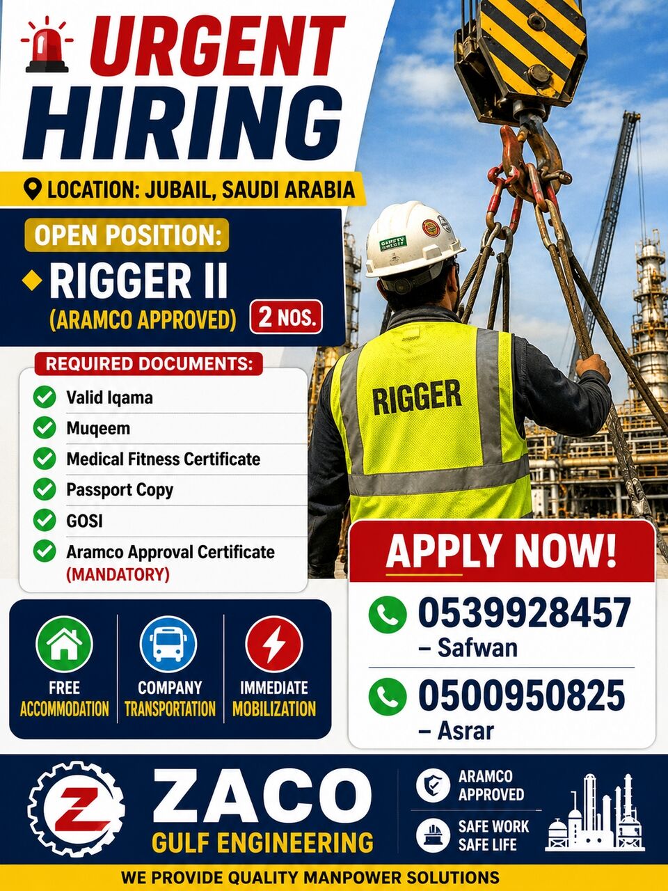 Al Jubail Al Balad, Jobs, URGENT HIRING 🚨  📍 Location: Jubail, Saudi Arabia  Open Position: 🔹 Rigger II (Aramco A