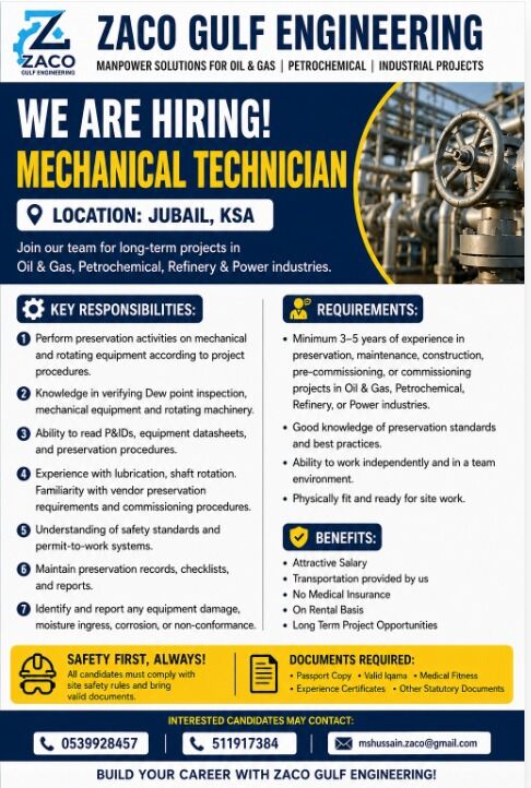 Al Jubail Al Balad, Jobs, URGENT HIRING** 🚨  📍 **Location:** Jubail, Saudi Arabia  **Open Position:** 🔹 **Mechani