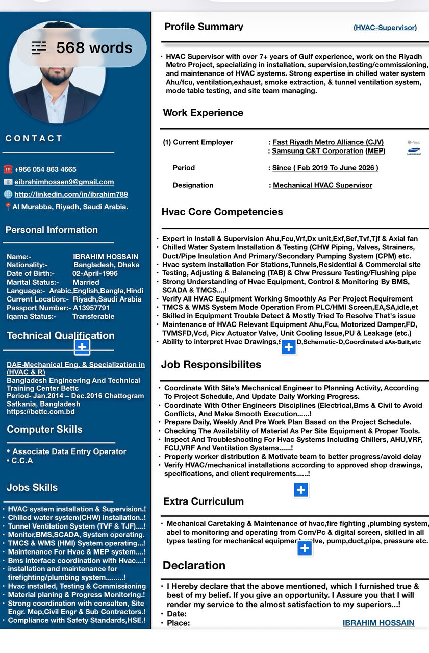 Riyadh, Job Seekers, Mechanical Supervisor For Mep Project And Bms Operator