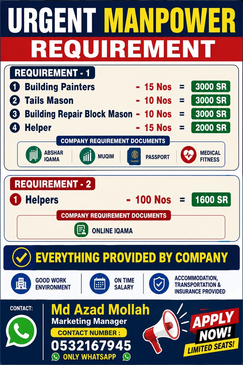 Jubail, Jobs, Urgent Manpower Requirement