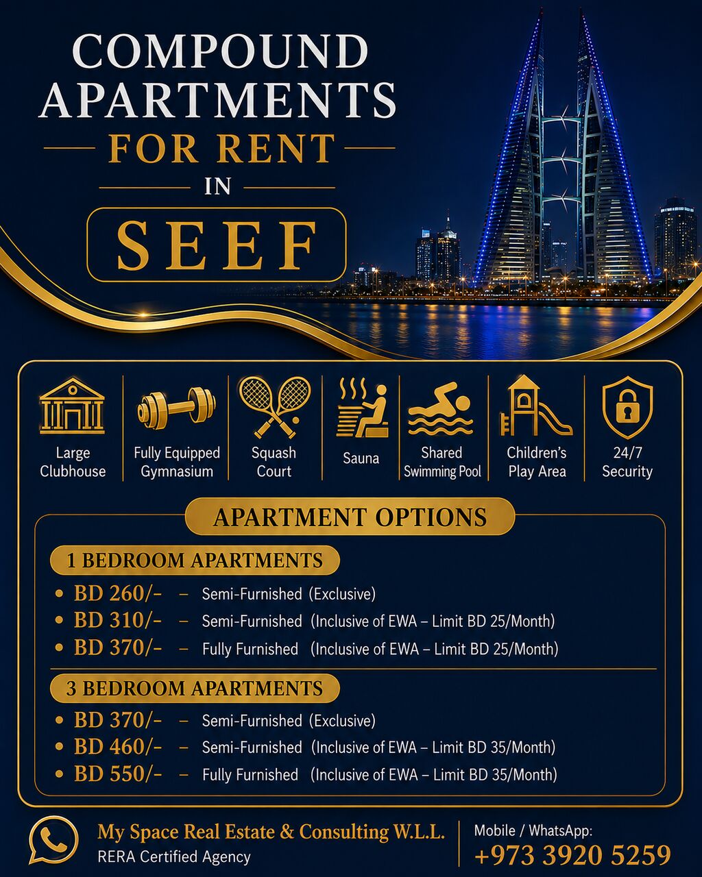 Al Seef, Apartments, Flats, Houses & Villas, BHD 260/month,  1 BR,  APARTMENTS FOR RENT IN SEEF