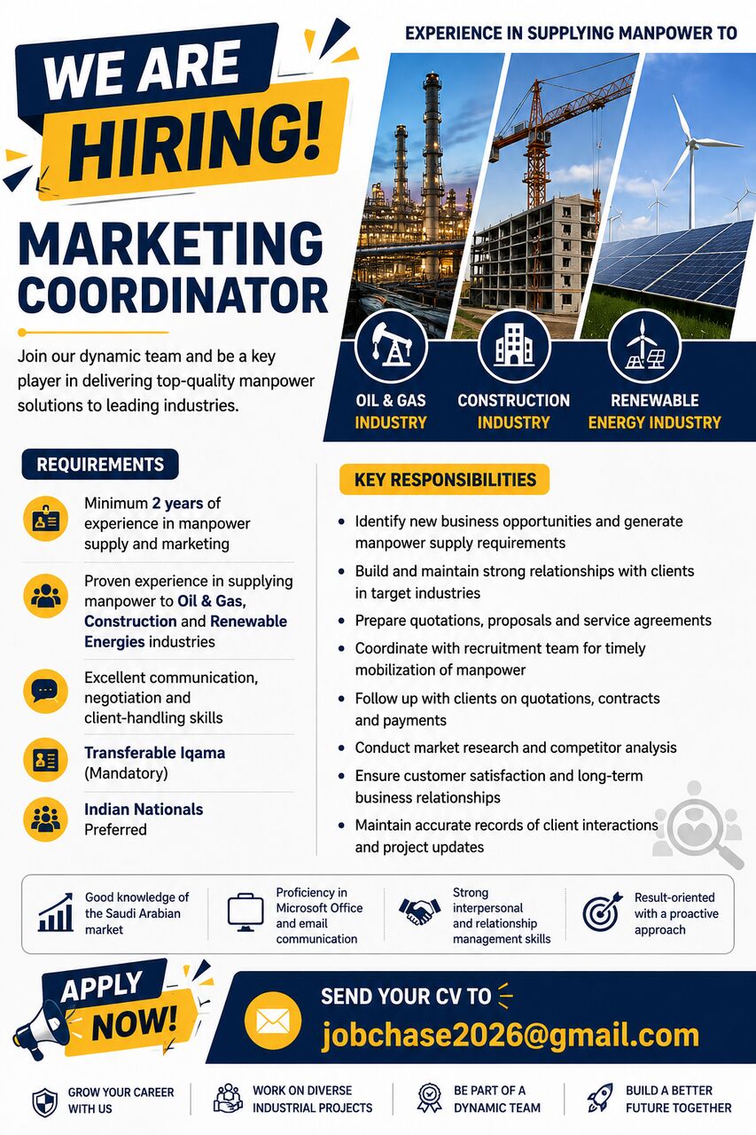 Jubail, Jobs, Marketing Coordinator &ndash; Technical Manpower Services