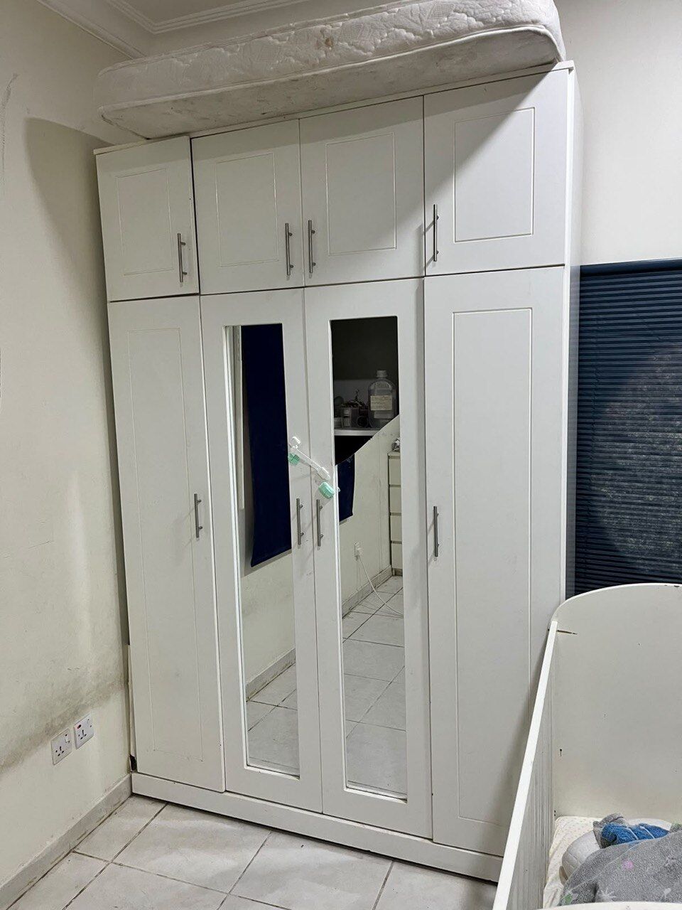 Khobar, Furniture, SAR 250,  Large 4-Door White Wardrobe With Overhead Storage Cabinets & Mirrors