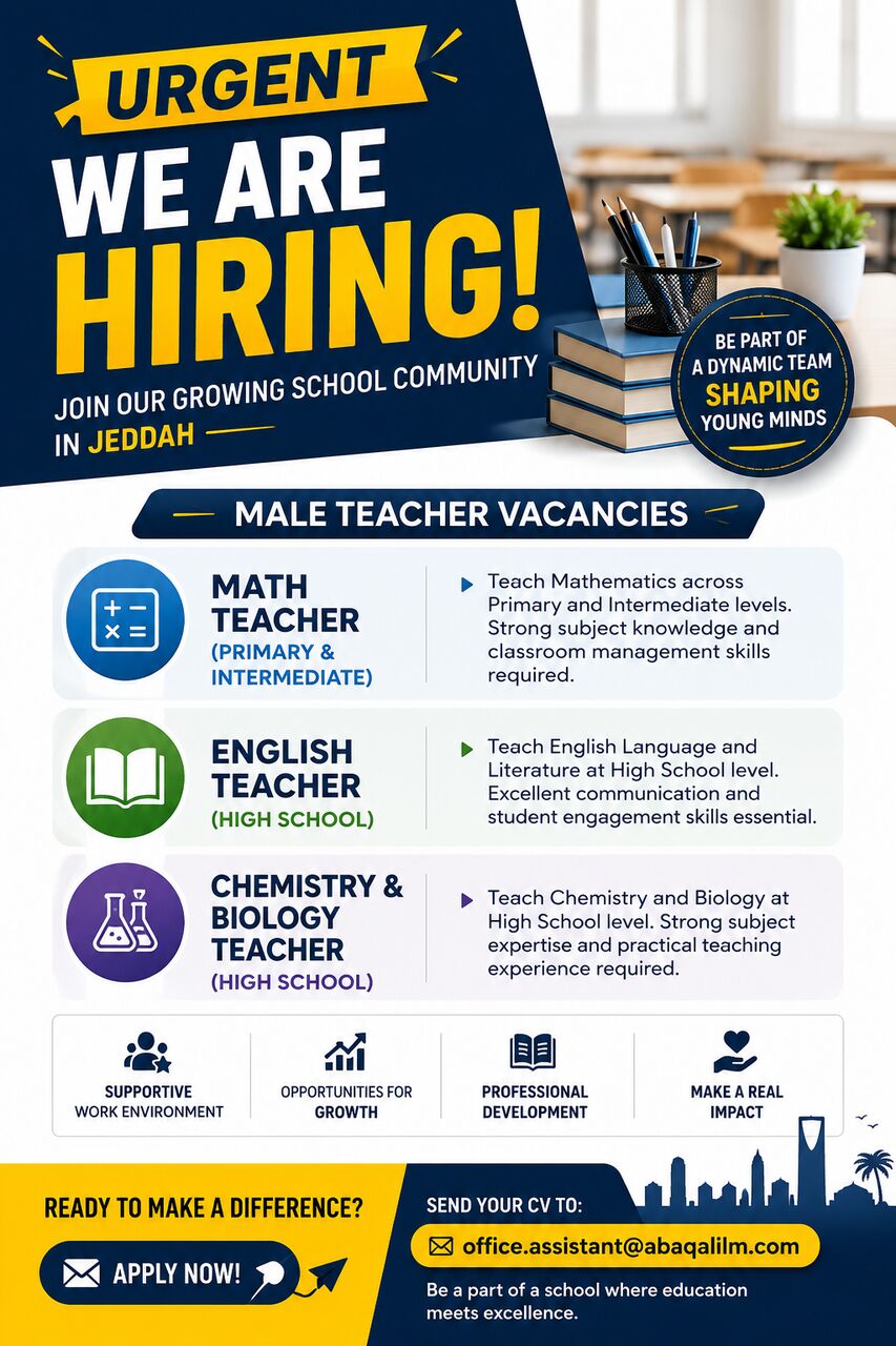 Jeddah, Job Seekers, Urgent Vacancy For Male Teachers