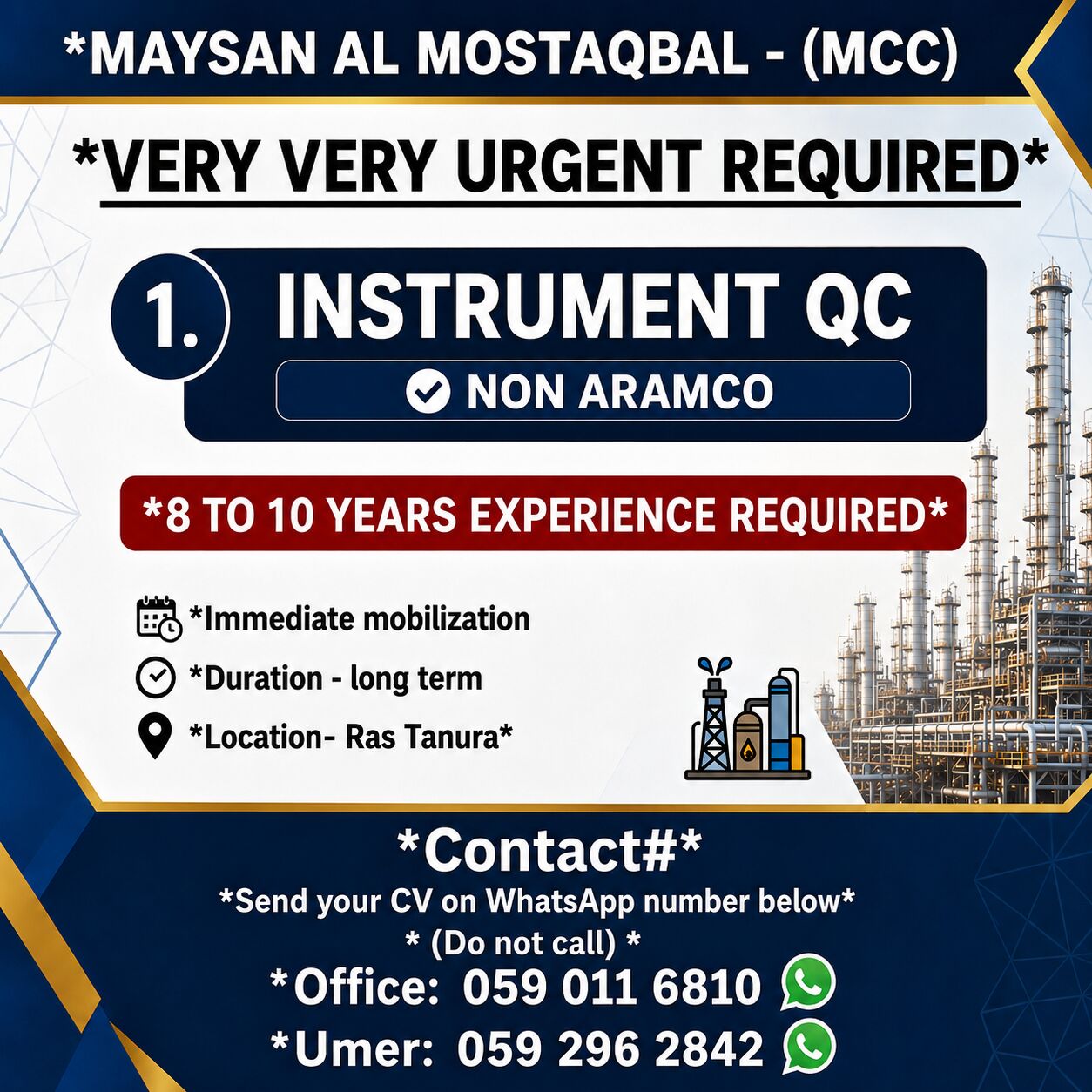 Dammam, Jobs, ( Non Aramco Instrument QC ) Very Urgent Requirement