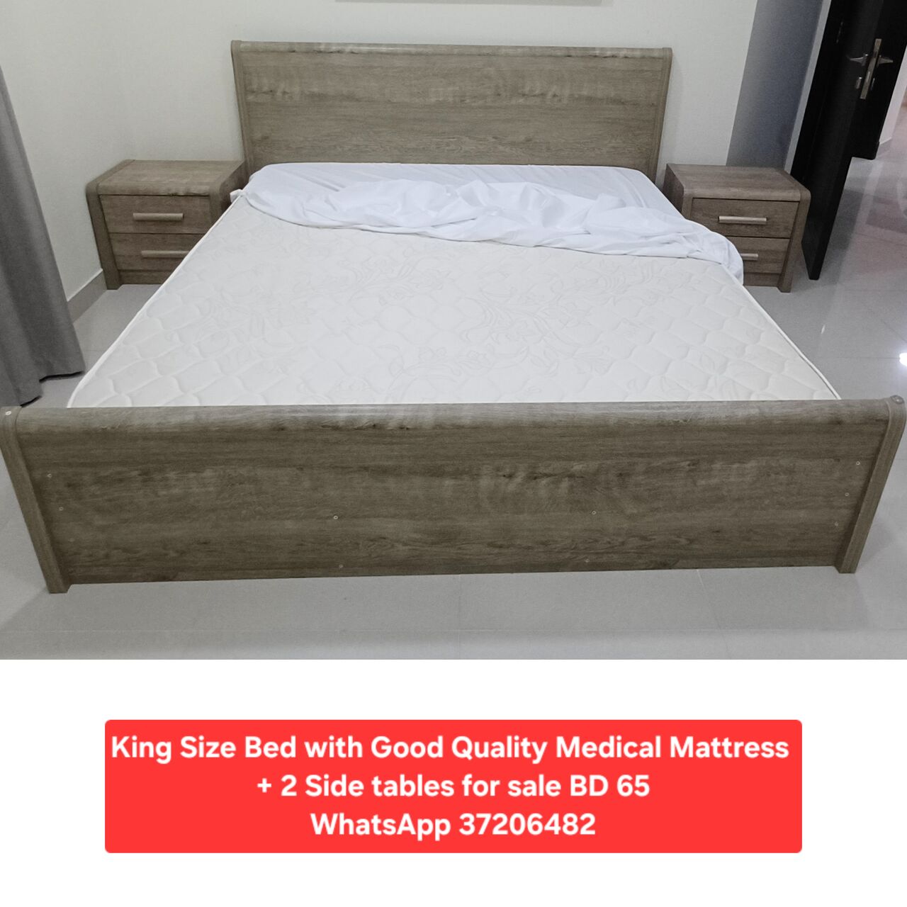 Manama, Furniture, BHD 65,  ✅️King Size Bed With Mattress + 2 Side Tables For Sale In Good Condition With Delivery