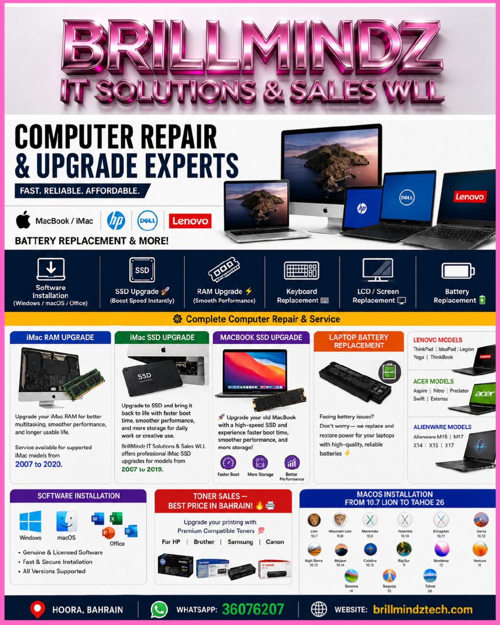 Hoora, Computer, MacOS,Windows Installation ,Laptop Keybaord ,Battery,Ram Upgrade,Replacement