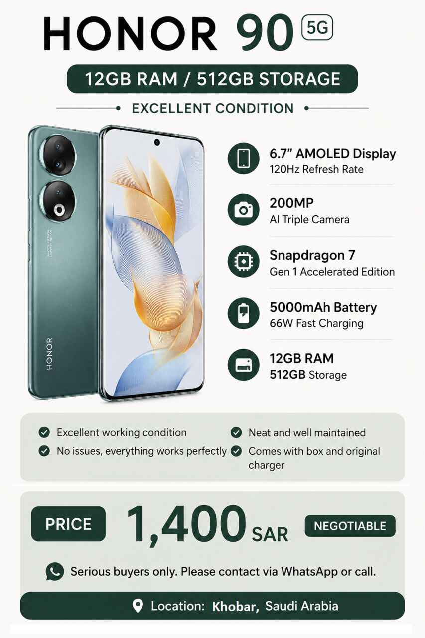 Khobar, Mobile Phones, SAR 1400,  HONOR 90 5G (Emerald Green) &ndash; 12GB RAM / 512GB Storage