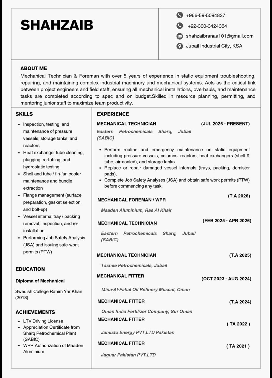 Jubail, Job Seekers, Mechanical Technician