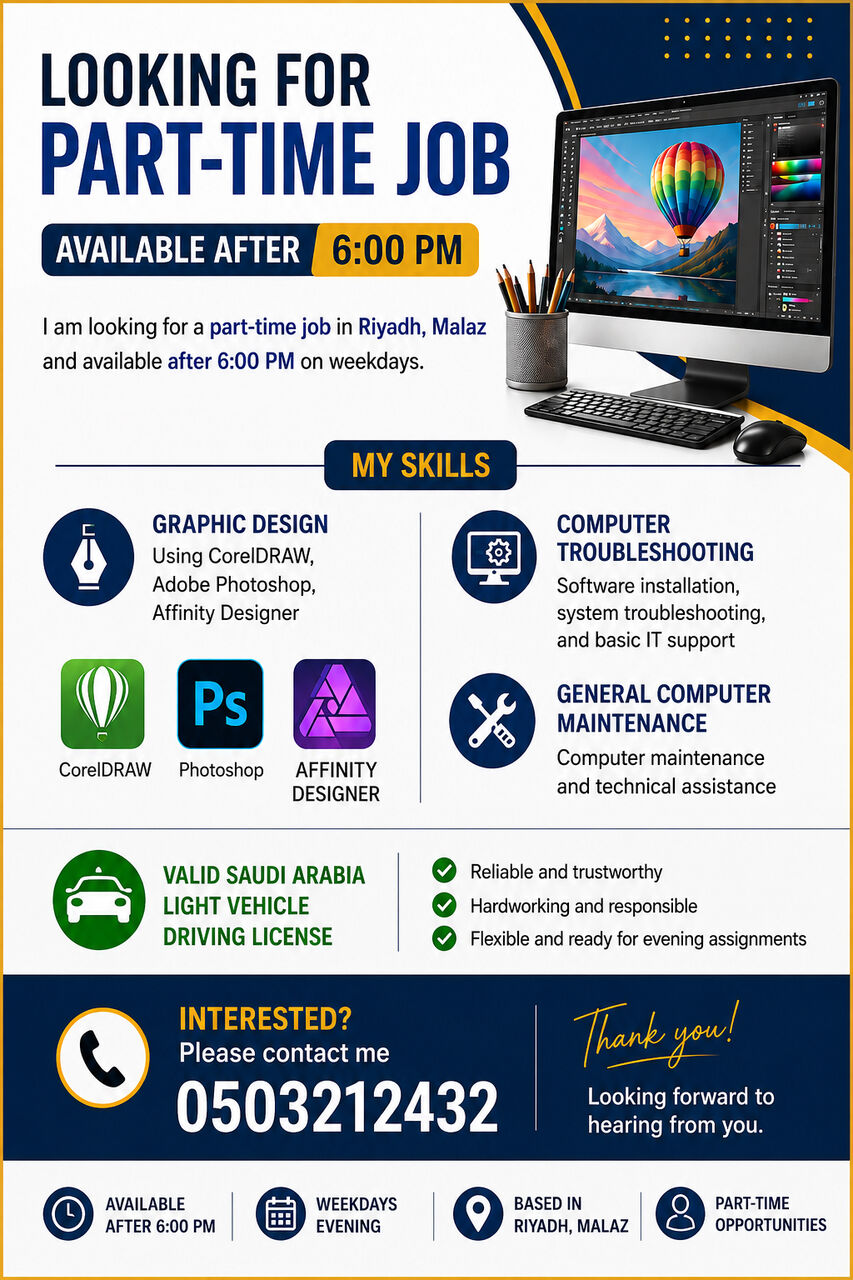Riyadh, Job Seekers, Looking For A Part-Time Job (Available After 6:00 PM)