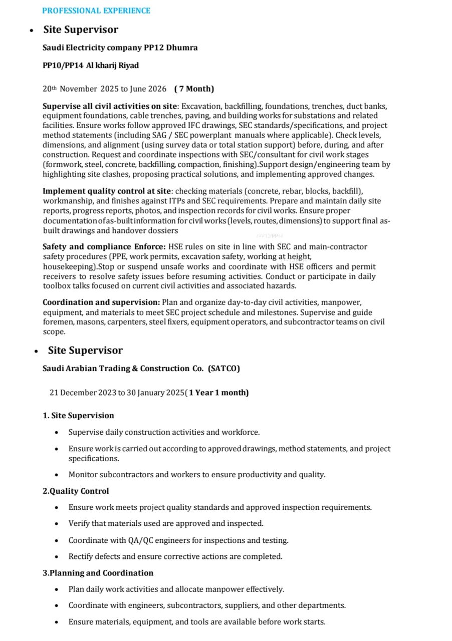 Riyadh, Job Seekers, Civil Site Supervisor/civil Engineer /civil Formen
