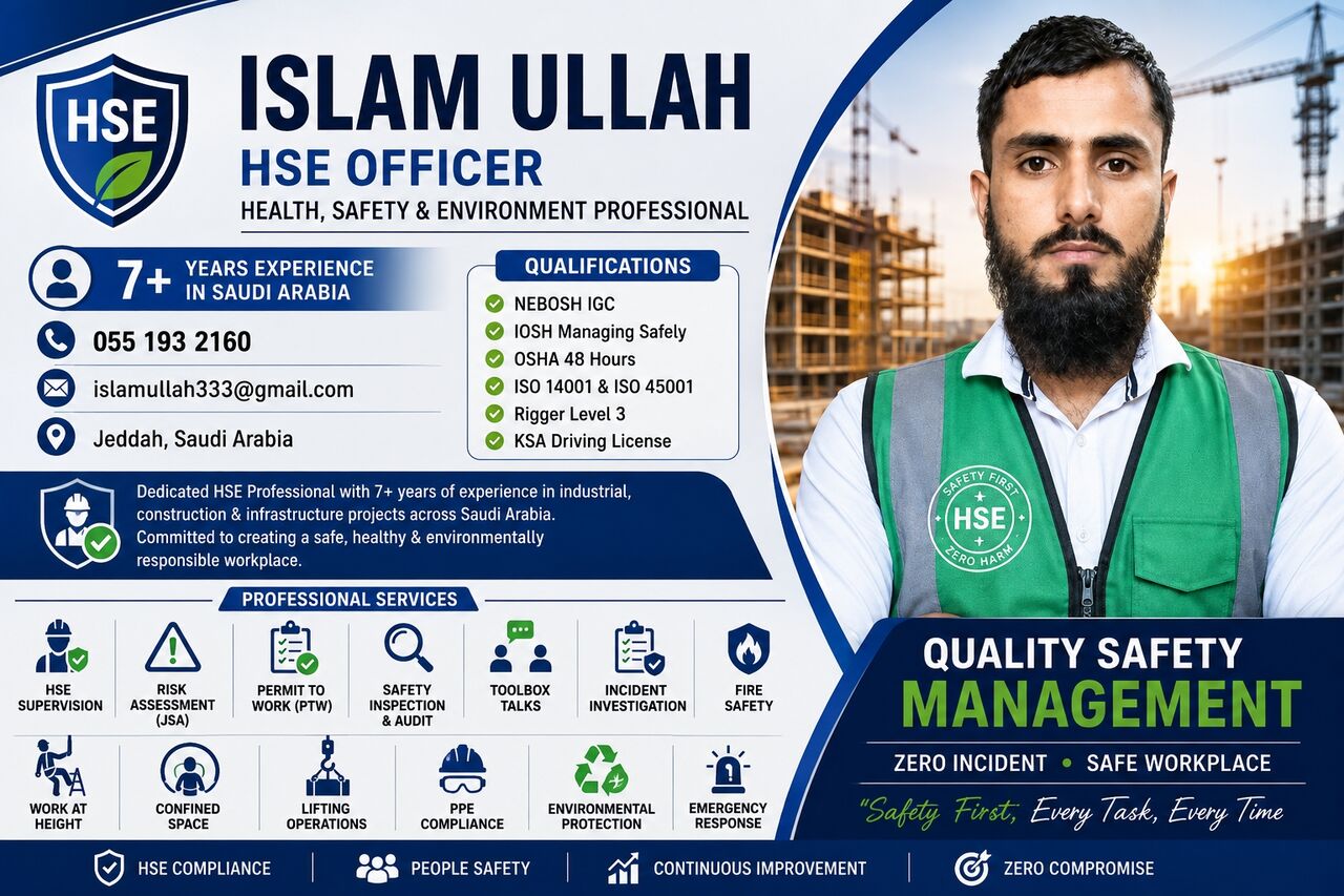 Jeddah, Job Seekers, HSE Professional Available For New Opportunities | Transferable Iqama | Freelance Services