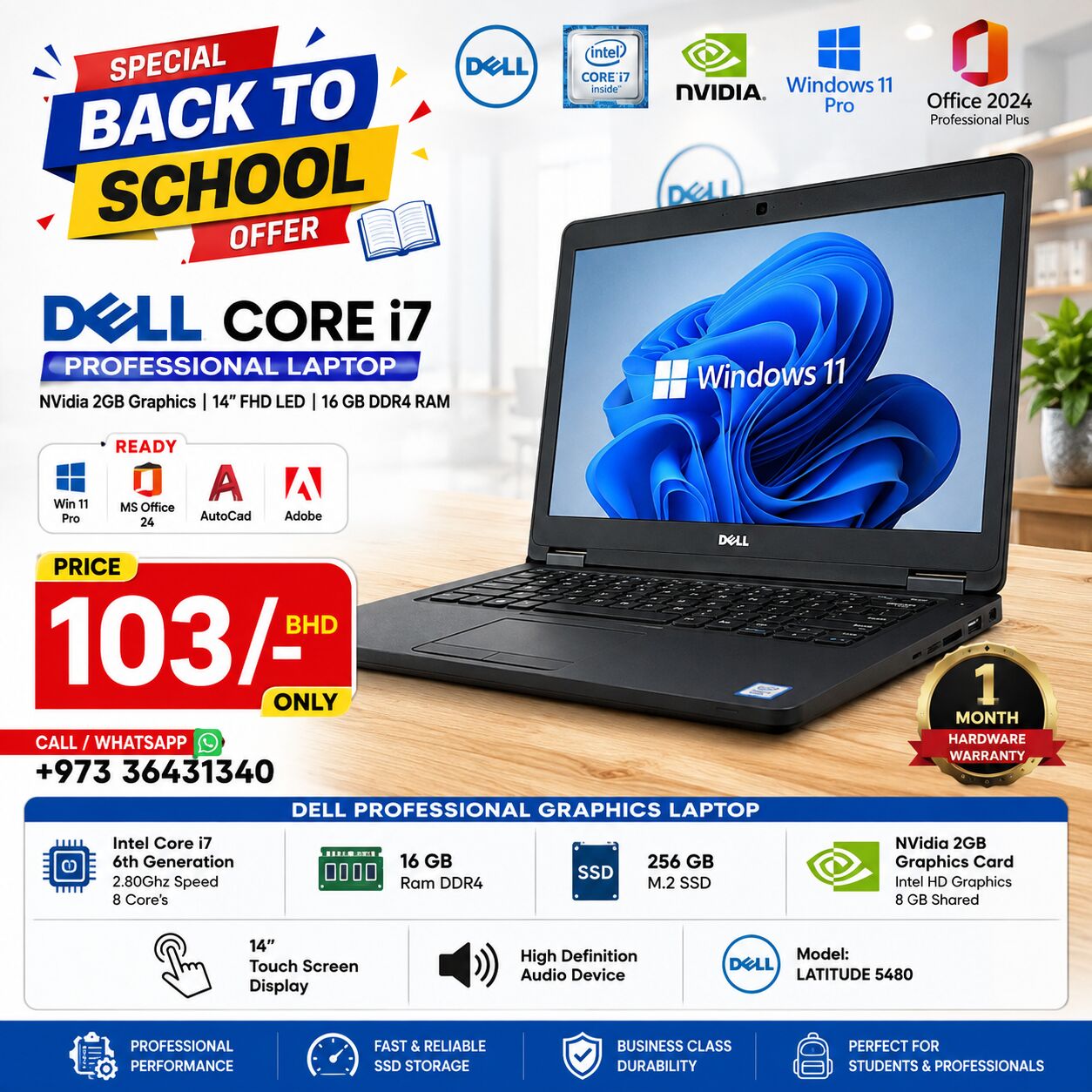 East Riffa, Computers, BHD 103,  DELL Core I7 Professional Laptop NVidia 2GB Graphics 14" FHD Screen 16GB DDR4 RAM Ready 36