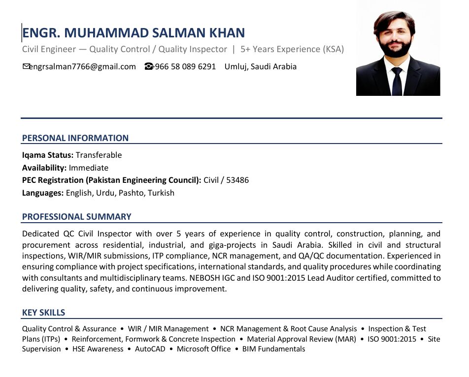 Umluj, Job Seekers, QC Civil Inspector | 5+ Years Experience | Transferable Iqama