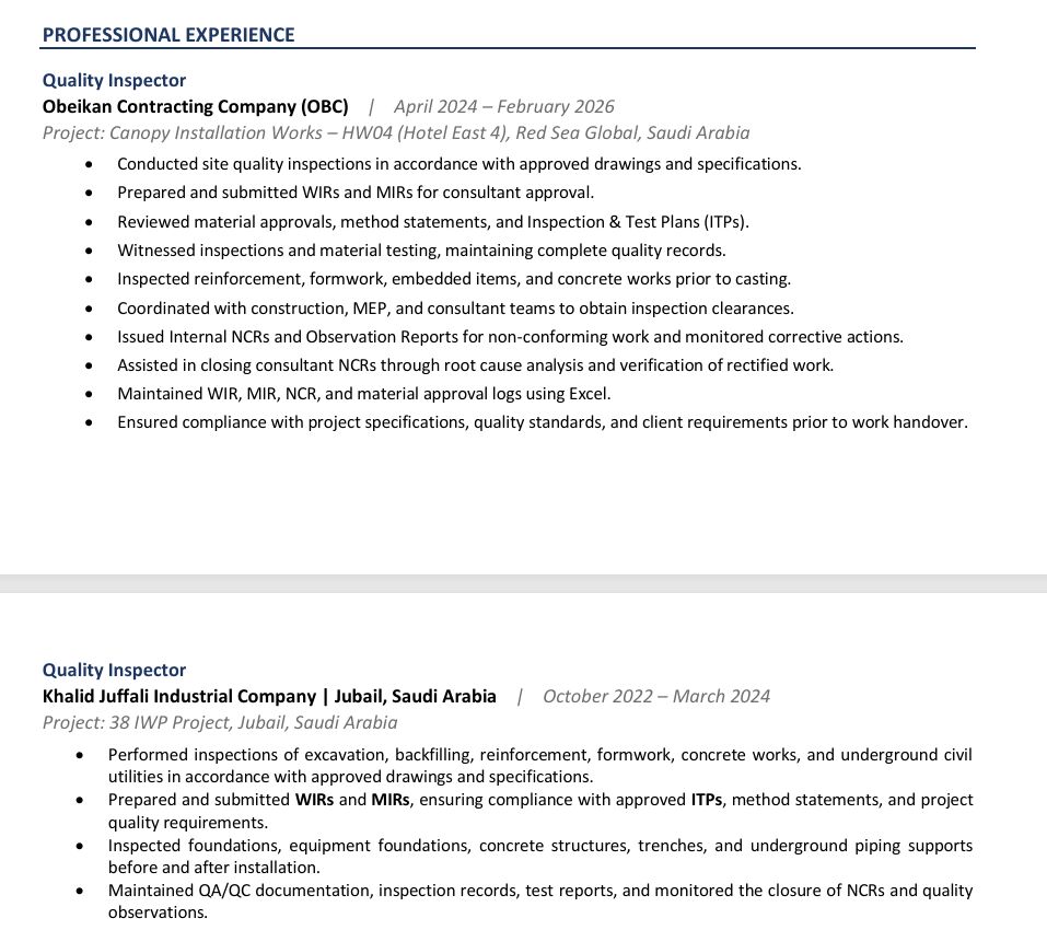 Umluj, Job Seekers, QC Civil Inspector | 5+ Years Experience | Transferable Iqama