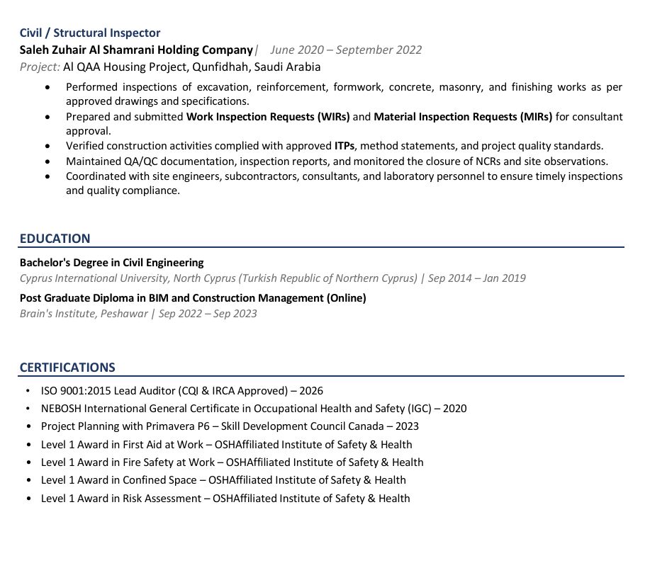 Umluj, Job Seekers, QC Civil Inspector | 5+ Years Experience | Transferable Iqama