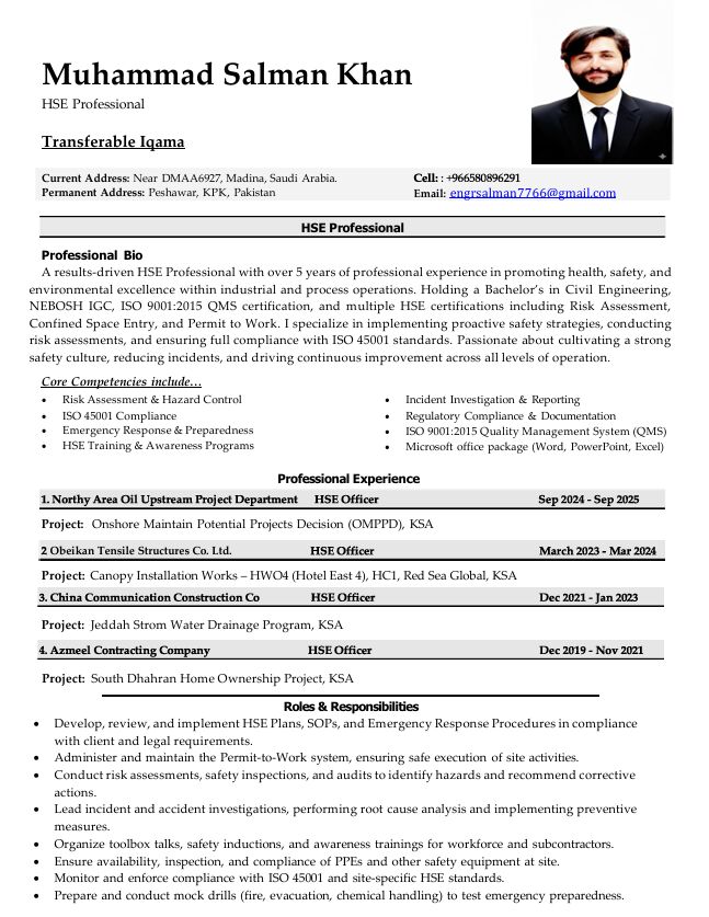 Madinah, Job Seekers, HSE Officer | NEBOSH IGC | 5 Years Experience | Transferable Iqama