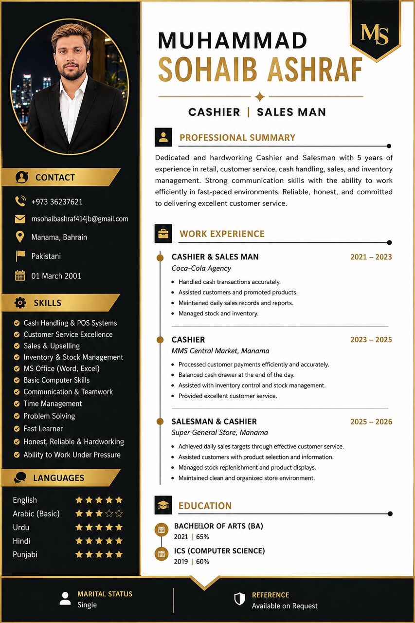 Manama, Job Seekers, Cashier, Sales Man
