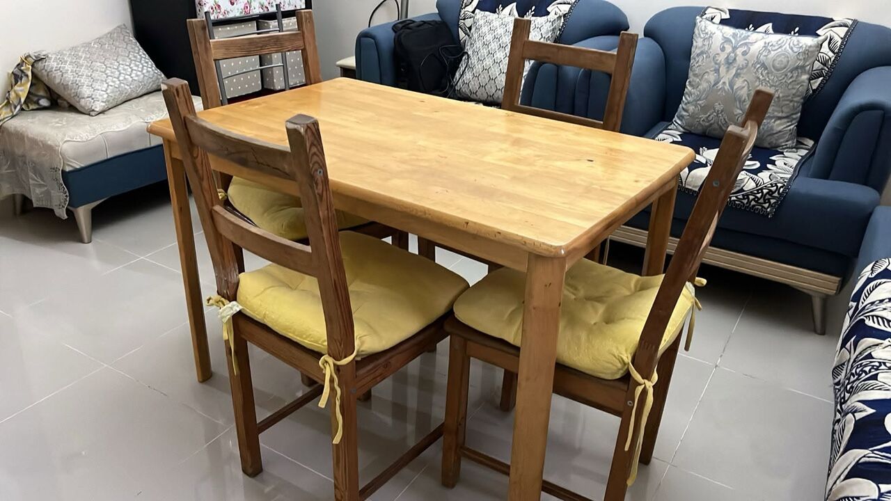 Al Aziziyah, Furniture, SAR 100,  Wooden Dinning Table (used ) With Four IKEA Chairs For Sale - 100 SAR