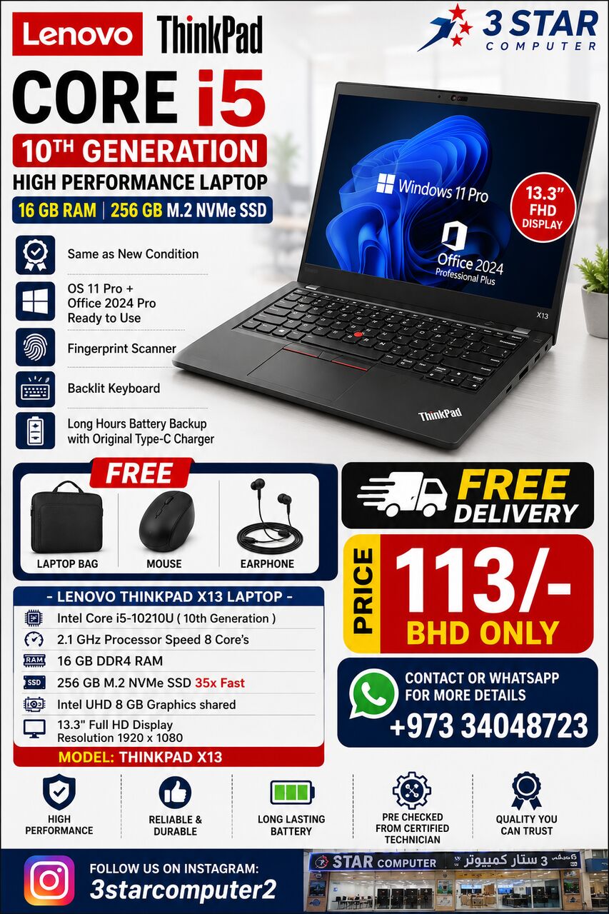 Manama, Tablet Computers, BHD 113,  Lenovo 10th Gen Core I5 Laptop 16GB RAM 35x Fast Working FREE Bag, Mouse & Earphone