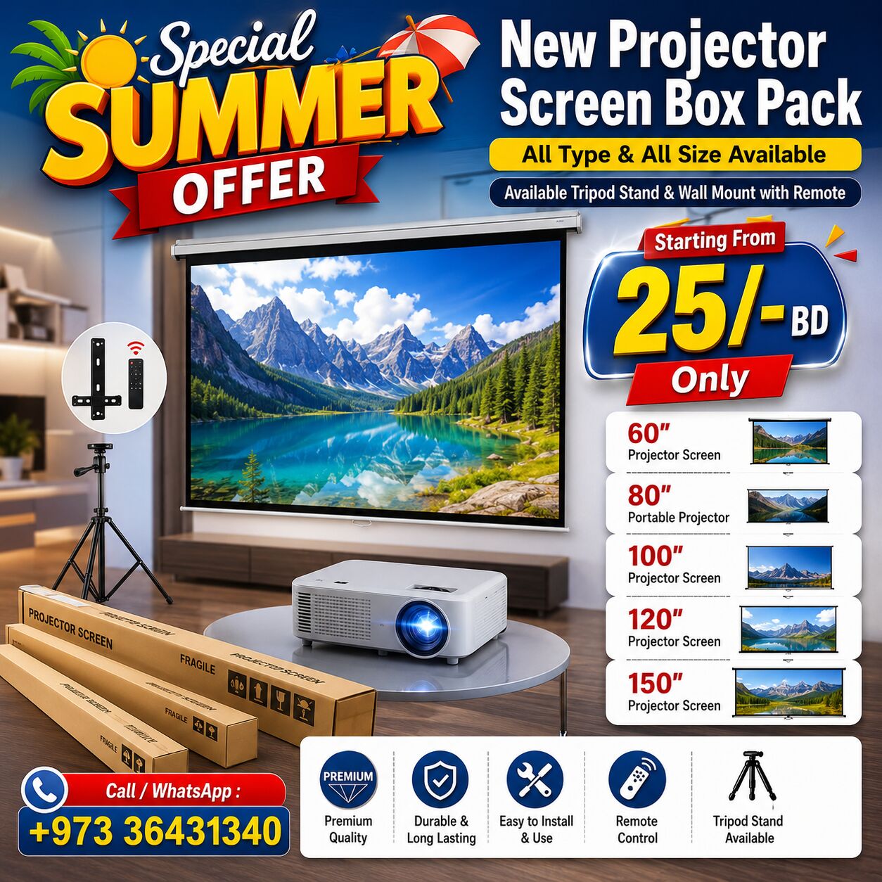 East Riffa, Computers, BHD 25,  New Projector Screen Box Pack All Size With Stand & Wall Mounted Available At Good Price