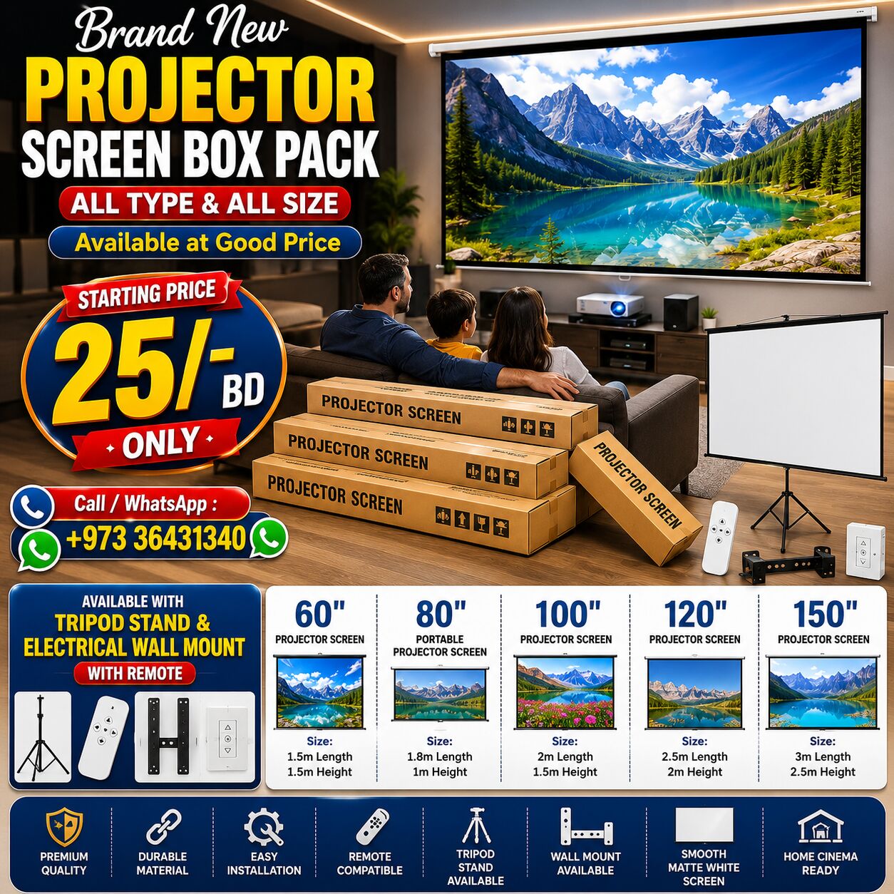Muharraq, Electronics, BHD 25,  New Projector Screen Box Pack All Size With Stand & Wall Mounted Available At Good Price