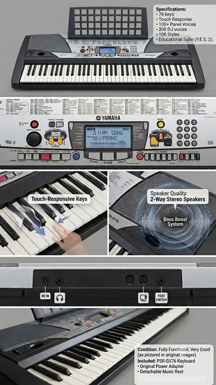 Dammam, Musical Instruments, SAR 700,  Yamaha PSR-GX76 76-Key Keyboard + Adjustable Stand + Original Adapter | Excellent Conditio