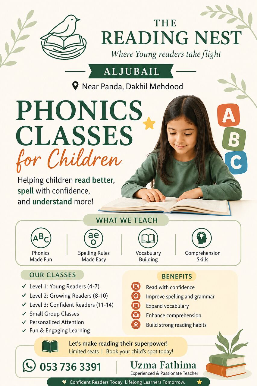 Jubail, Lessons Offered, Phonics & English Reading Classes For Children (Ages 4&ndash;14)