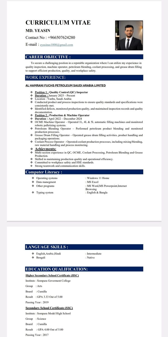 Yanbu, Job Seekers, Quality Inspector / OCME Machine & Robot Operator