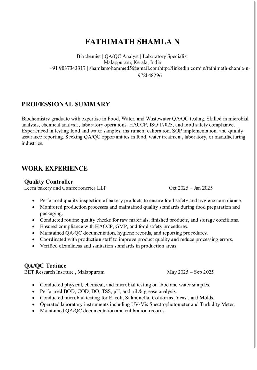 Jeddah, Job Seekers, Food Quality Controller / Laboratory Analyst / Qc Biochemist