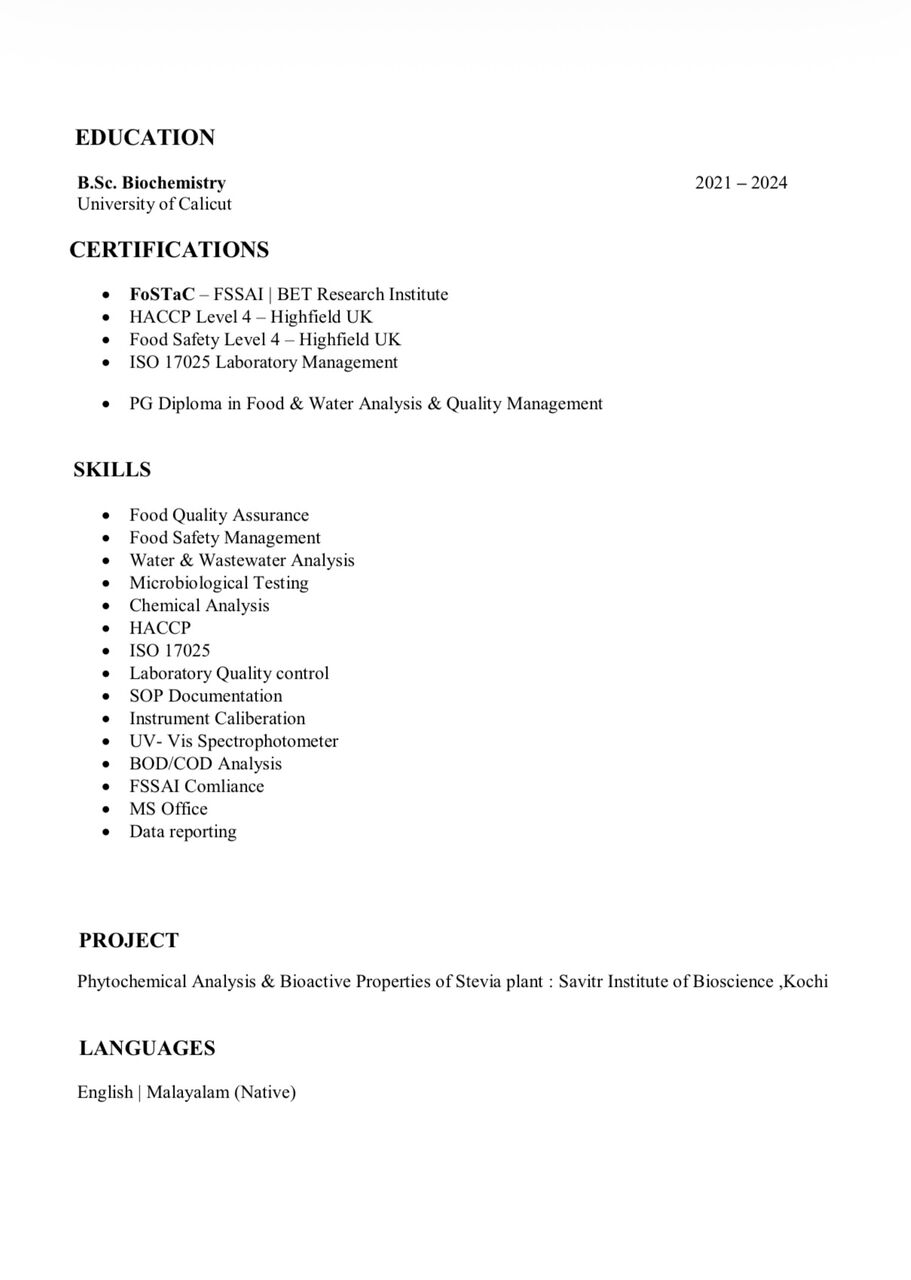 Jeddah, Job Seekers, Food Quality Controller / Laboratory Analyst / Qc Biochemist