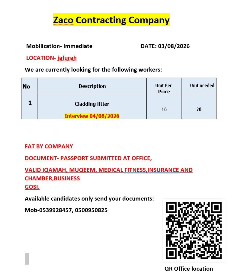 Riyadh, Jobs, Urgent Requirement Cladding Fitter