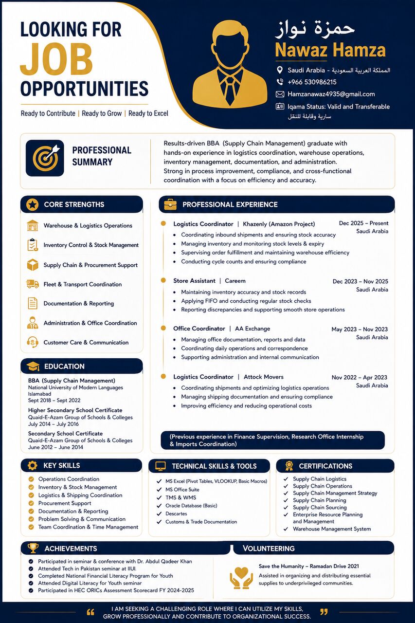 Riyadh, Job Seekers, Experienced Logistics, Warehouse & Supply Chain Professional Seeking Opportunities