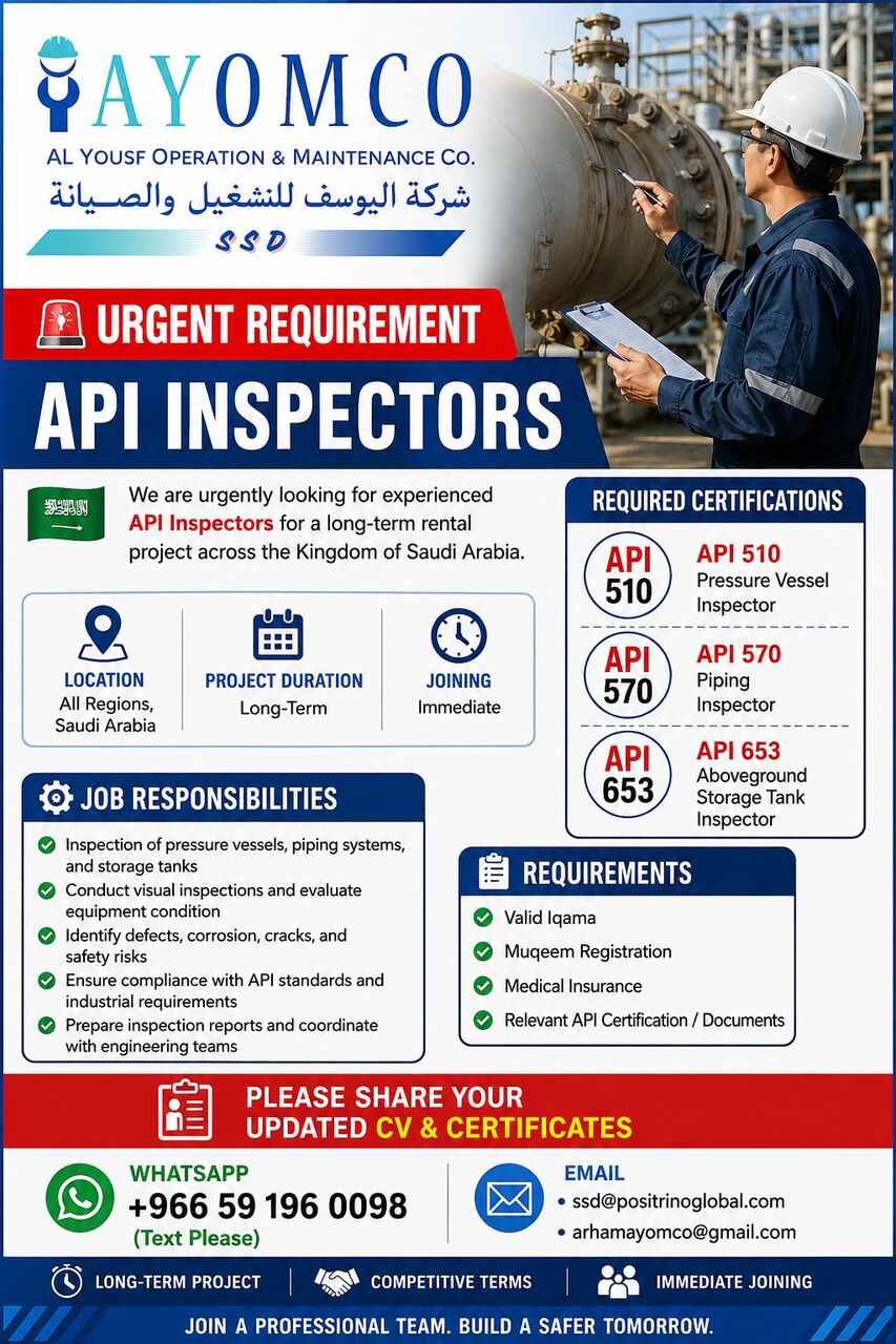Dammam, Jobs, URGENT REQUIREMENT – API INSPECTORS 🇸🇦