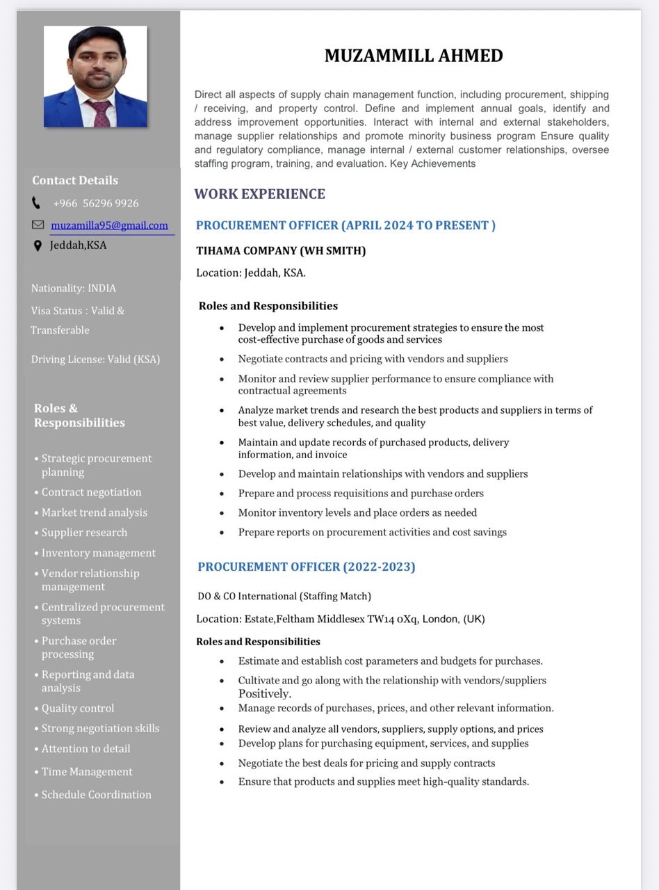 Jeddah, Job Seekers, Procurement Officer Looking Fot Job