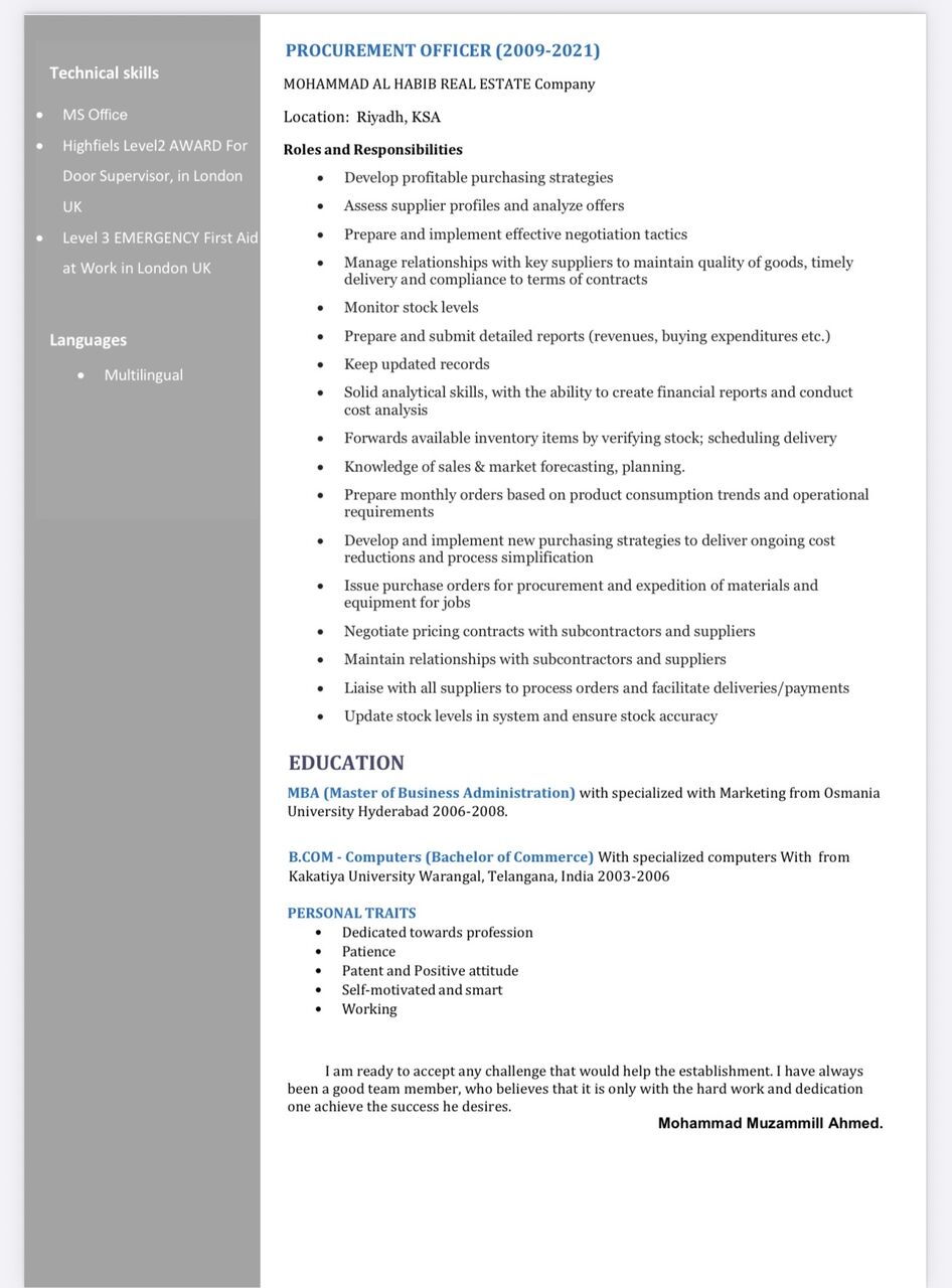 Jeddah, Job Seekers, Procurement Officer Looking Fot Job