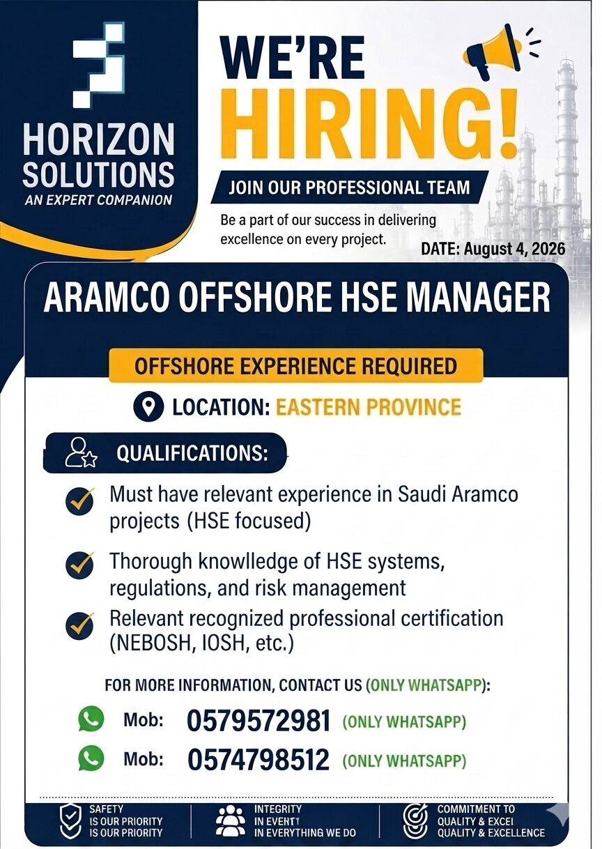 Jubail, Jobs, OFFSHORE ARAMCO HSE MANAGER FOR EPC COMPANY
