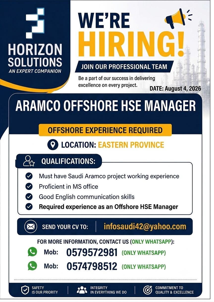 Jubail, Jobs, OFFSHORE ARAMCO HSE MANAGER FOR EPC COMPANY