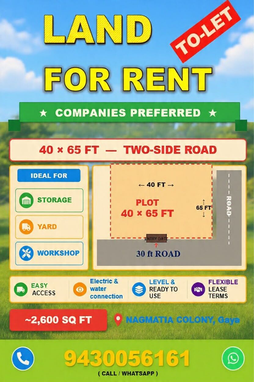 Mumbai, Commercial Plots, INR 65,  2600 Sq. Feet,  🏢 COMMERCIAL PLOT FOR RENT – GAYA 🚩