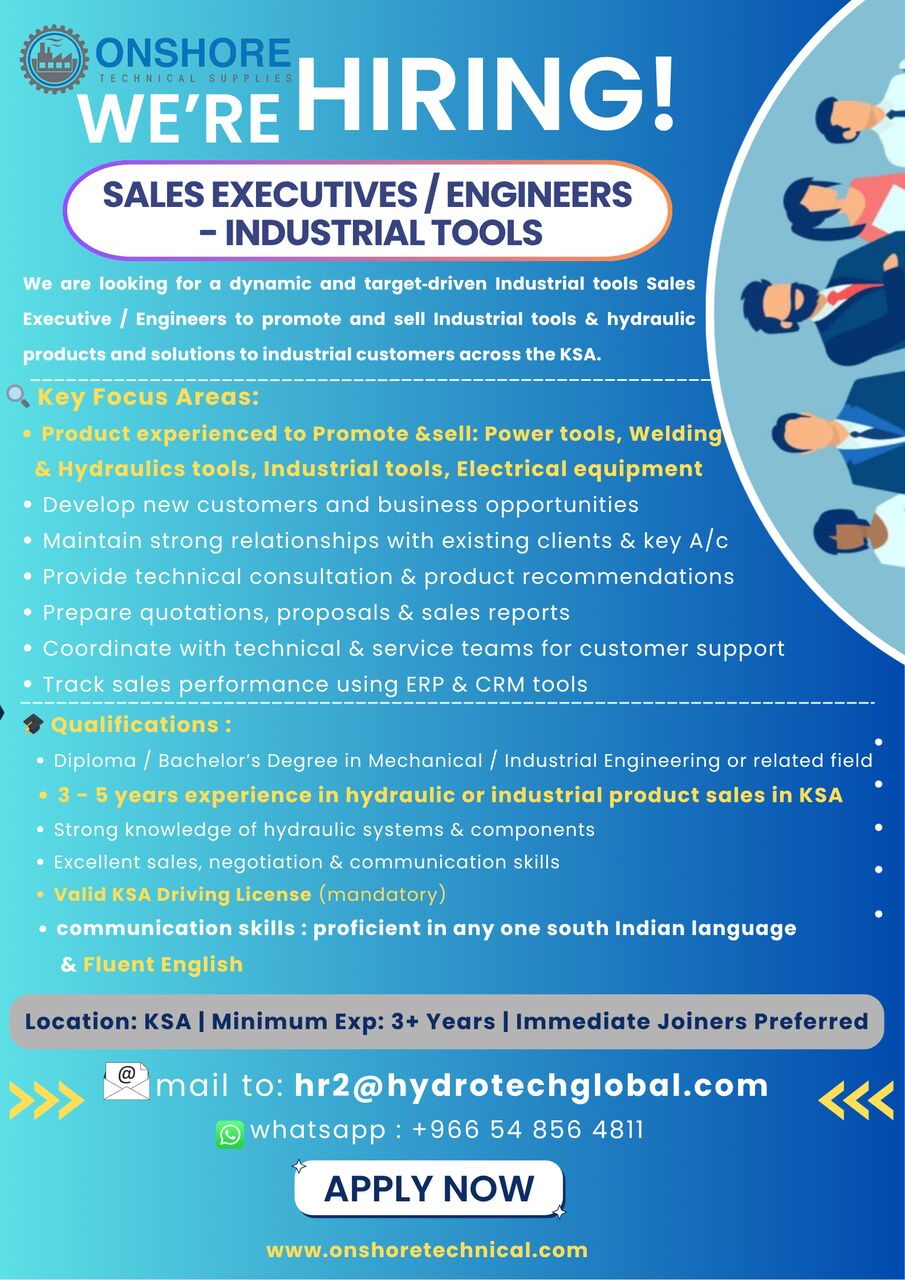 Dammam, Jobs, Sales Executive - Industrial Products (Dammam,Saudi)